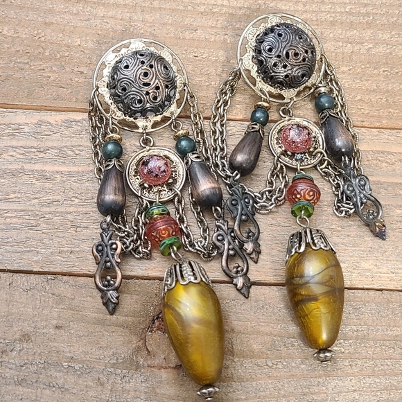 Vintage Earrings • Middle East Feel • Dangling • Earthy Tones •  Pierced - Picture 1 of 6